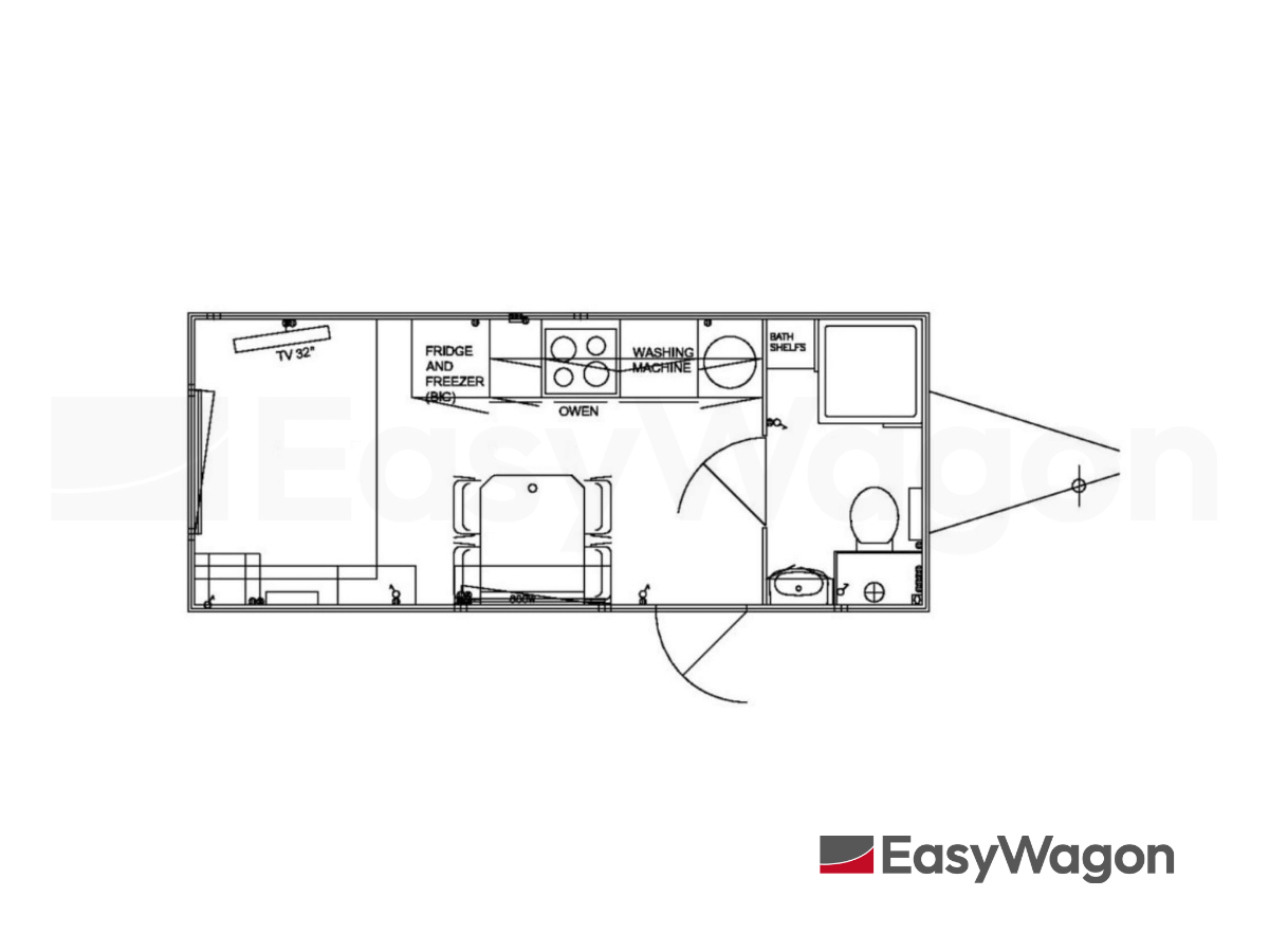 TYPE 570: Slaapwagen - bed 2 personen - 1 slaapkamer met schuifdeur - keuken - 1 douche - 1 toilet1