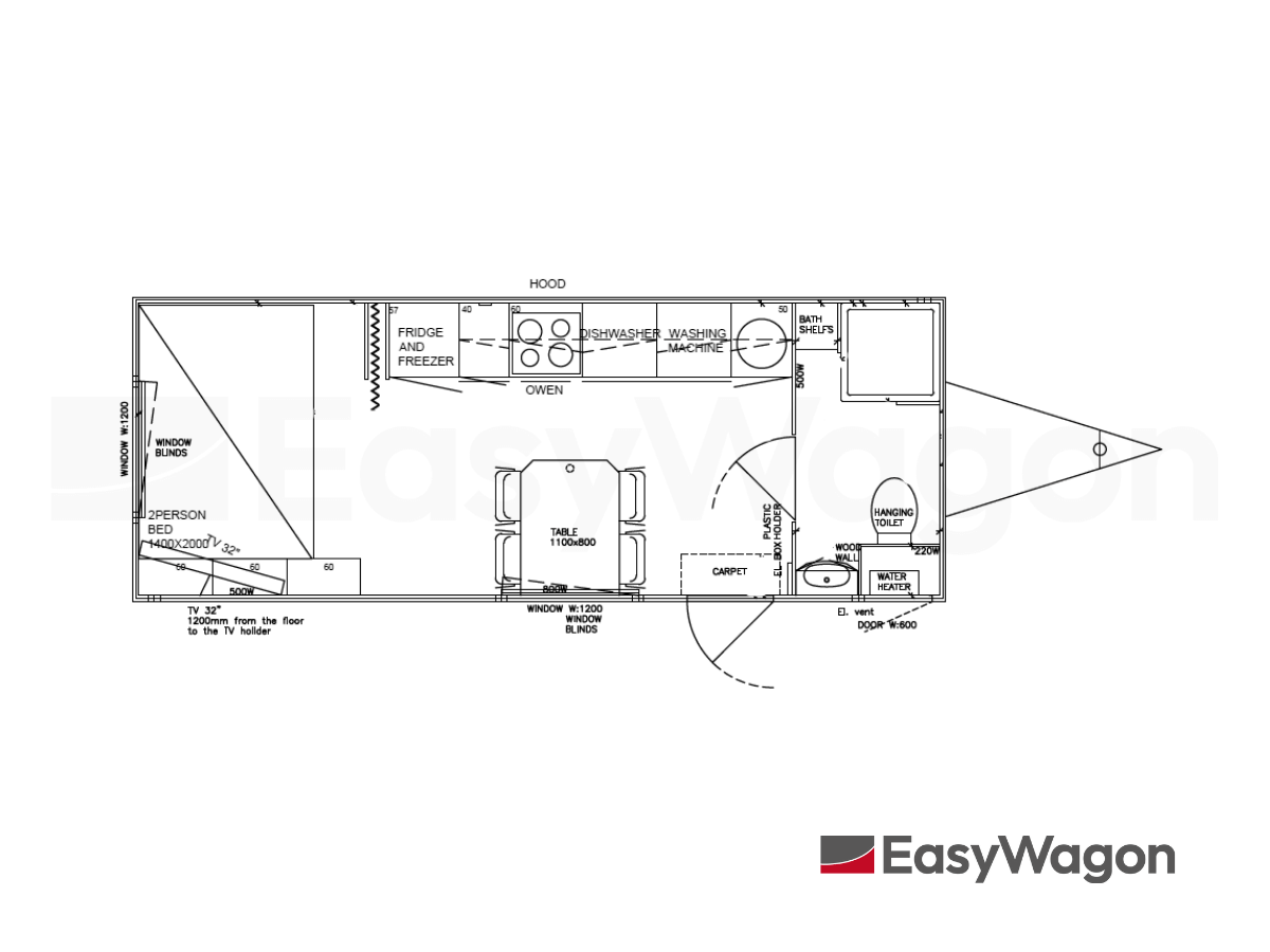 TYPE 660: Slaapwagen - bed 2 personen - 1 slaapkamer met schuifdeur - keuken - 1 douche - 1 toilet10